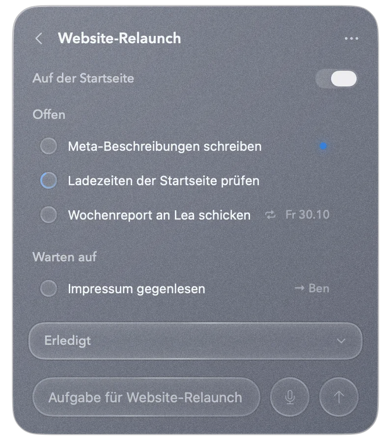 Projektansicht Website-Relaunch: Claude Code prüft die Ladezeiten (drehender Spinner), die Meta-Beschreibungen warten auf Abnahme, das Impressum liegt bei Ben