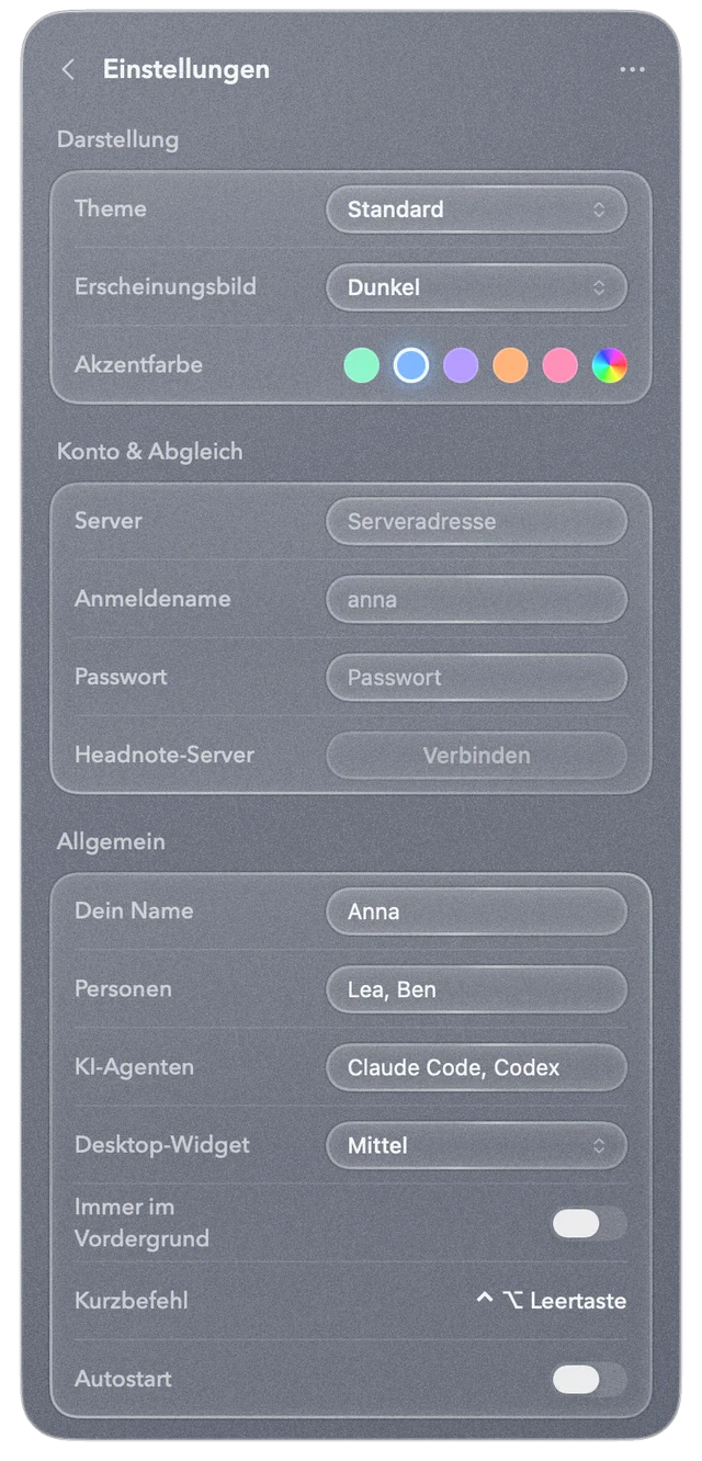 Headnote-Einstellungen: Theme, Erscheinungsbild und Akzentfarbe