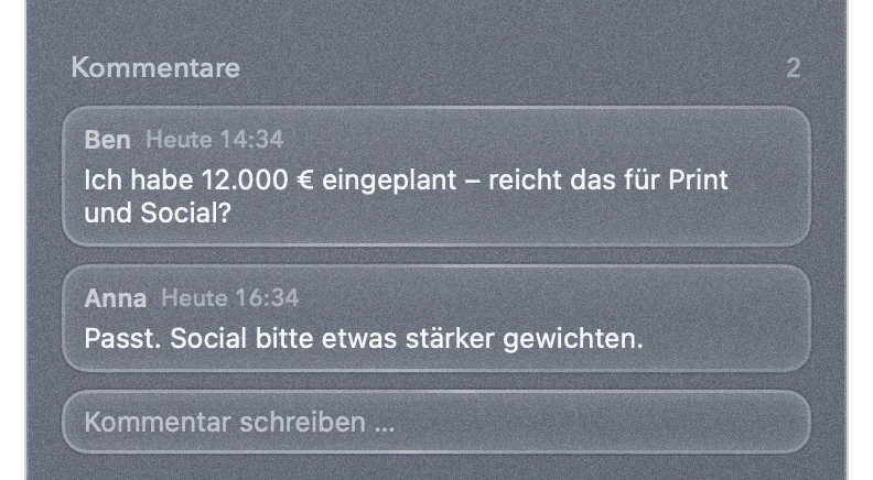 Kommentare an der Aufgabe „Budget mit Ben klären“: Ben fragt nach dem Budget, Anna antwortet