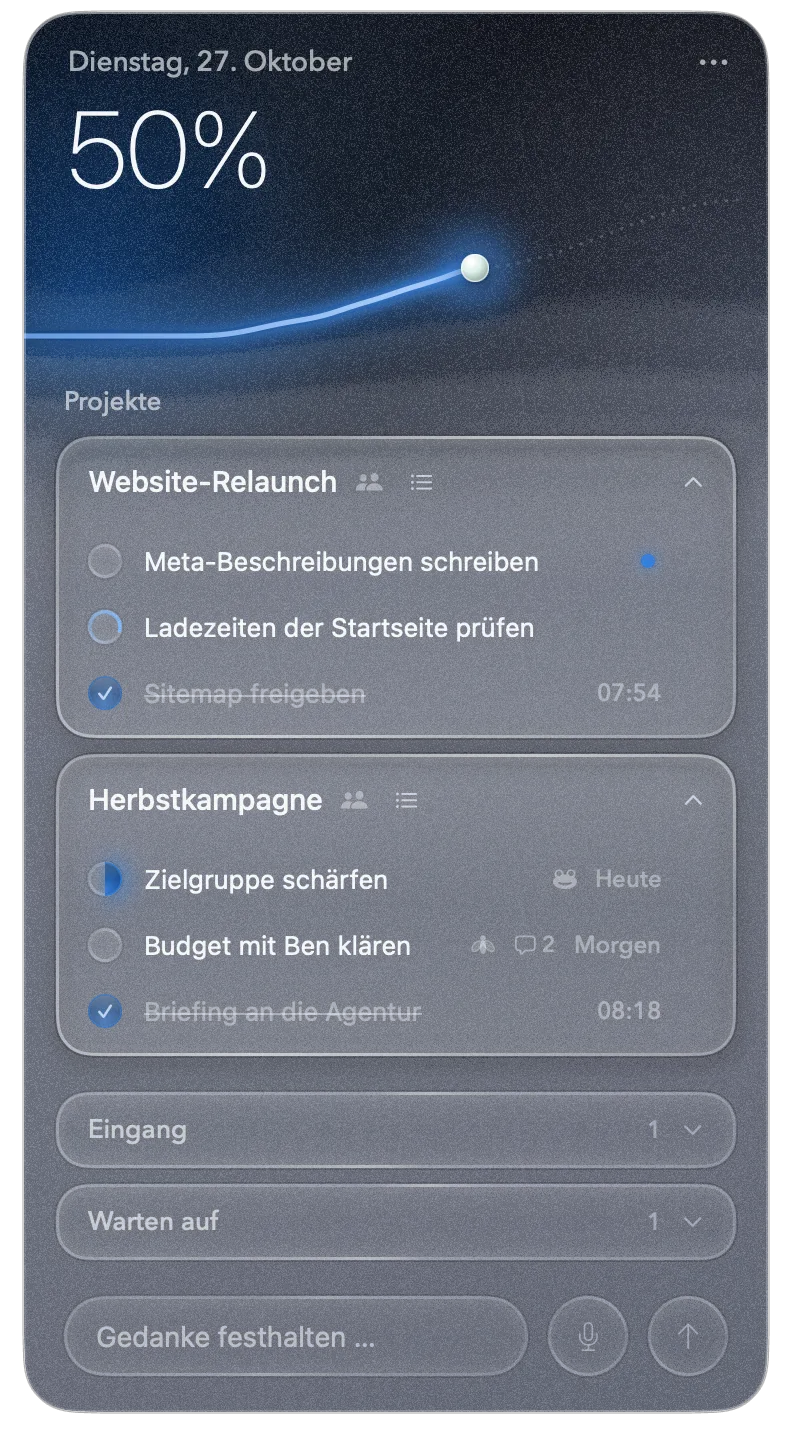 Headnote-Startseite: Tagesfortschritt 50 % mit Lichtkurve, darunter zwei Projekte mit dem, was heute ansteht, unten die Eingabezeile mit Mikrofon